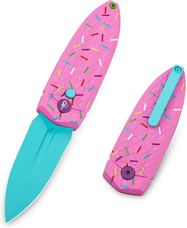 BESTECH Zatvárací nôž QUQU ButtonLock Blue Painted - pink sprinkle (BG57C-2)